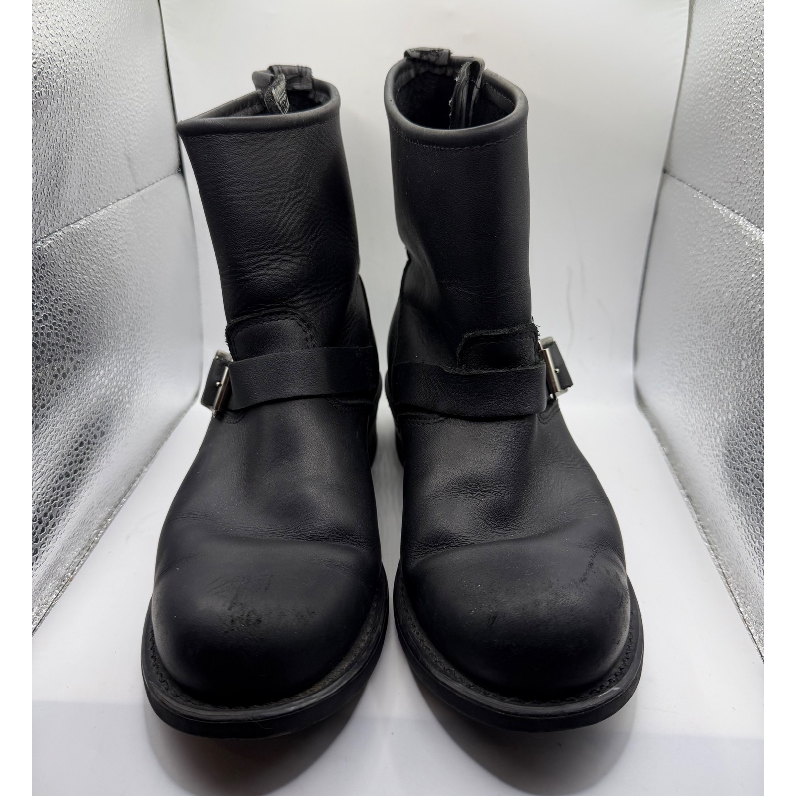 Frye Womens Black Leather Engineer Short Boots Moto Buckle Round Toe 7.5 Inch